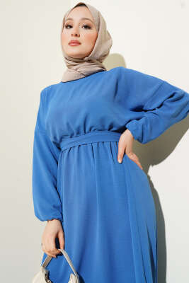 Bel Lastikli Kuşaklı Ayrobin Elbise İndigo - Tesettür Elbise