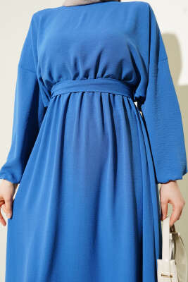 Bel Lastikli Kuşaklı Ayrobin Elbise İndigo - Tesettür Elbise