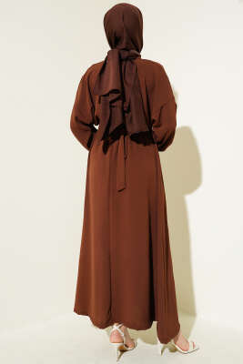 Bel Lastikli Kuşaklı Ayrobin Elbise Kahve - Tesettür Elbise