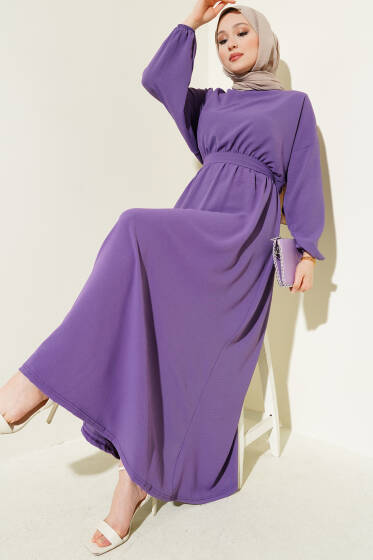 Bel Lastikli Kuşaklı Ayrobin Elbise Mor - Elbise
