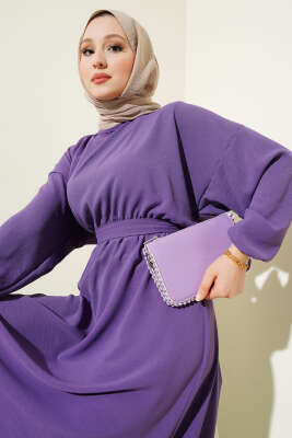 Bel Lastikli Kuşaklı Ayrobin Elbise Mor - Tesettür Elbise