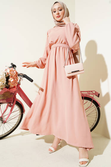 Bel Lastikli Kuşaklı Ayrobin Elbise Pudra - Elbise