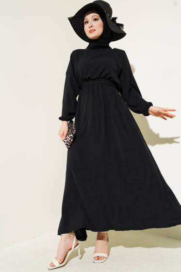 Bel Lastikli Kuşaklı Ayrobin Elbise Siyah - Elbise
