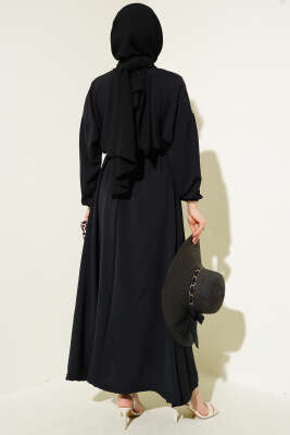 Bel Lastikli Kuşaklı Ayrobin Elbise Siyah - Tesettür Elbise