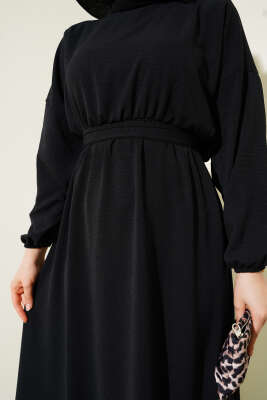 Bel Lastikli Kuşaklı Ayrobin Elbise Siyah - Tesettür Elbise