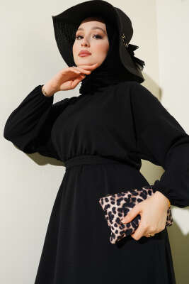 Bel Lastikli Kuşaklı Ayrobin Elbise Siyah - Tesettür Elbise