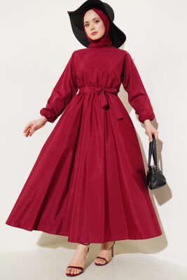Bel Lastikli Kuşaklı Basic Terikoton Elbise Bordo 