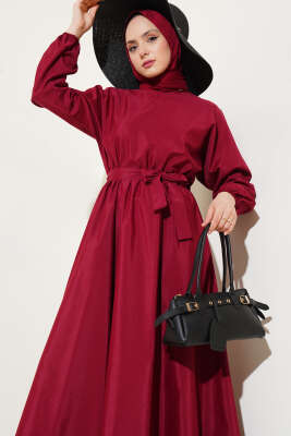 Bel Lastikli Kuşaklı Basic Terikoton Elbise Bordo - Tesettür Elbise