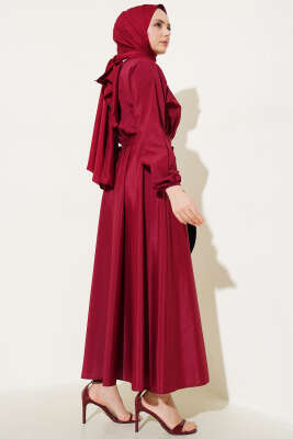 Bel Lastikli Kuşaklı Basic Terikoton Elbise Bordo - Tesettür Elbise