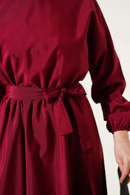 Bel Lastikli Kuşaklı Basic Terikoton Elbise Bordo - Tesettür Elbise