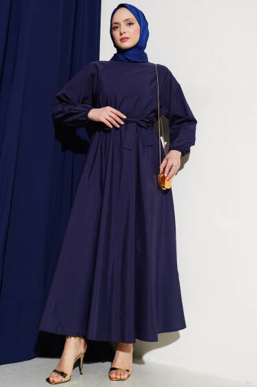 Bel Lastikli Kuşaklı Basic Terikoton Elbise Lacivert - Elbise
