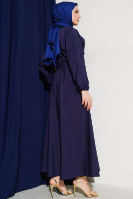 Bel Lastikli Kuşaklı Basic Terikoton Elbise Lacivert - Tesettür Elbise