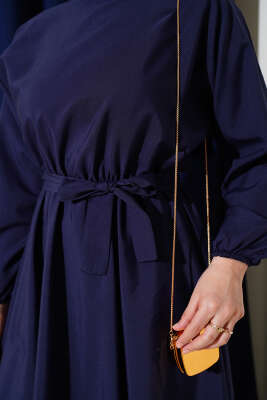 Bel Lastikli Kuşaklı Basic Terikoton Elbise Lacivert - Tesettür Elbise