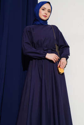 Bel Lastikli Kuşaklı Basic Terikoton Elbise Lacivert - Tesettür Elbise