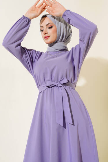 Bel Lastikli Kuşaklı Basic Terikoton Elbise Lila - Elbise