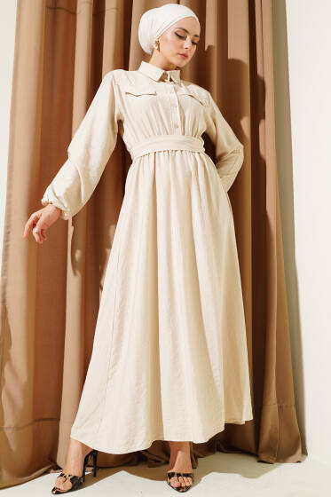 Bel Lastikli Kuşaklı Cep Kapaklı Elbise Bej - Elbise