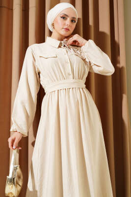 Bel Lastikli Kuşaklı Cep Kapaklı Elbise Bej - Tesettür Elbise