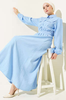 Bel Lastikli Kuşaklı Cep Kapaklı Elbise Buz Mavisi 