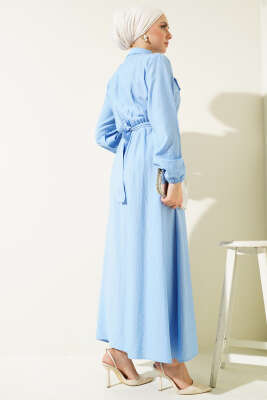 Bel Lastikli Kuşaklı Cep Kapaklı Elbise Buz Mavisi - Tesettür Elbise