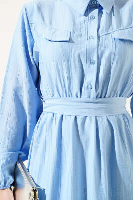 Bel Lastikli Kuşaklı Cep Kapaklı Elbise Buz Mavisi - Tesettür Elbise