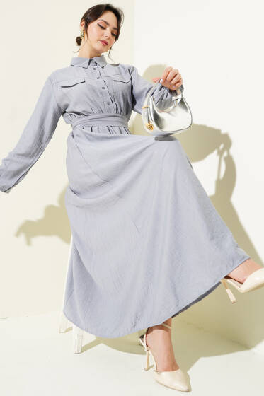 Bel Lastikli Kuşaklı Cep Kapaklı Elbise Gri - Elbise
