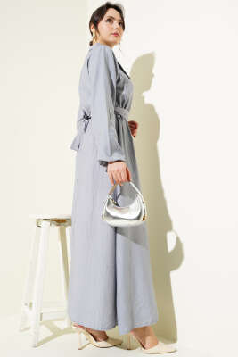 Bel Lastikli Kuşaklı Cep Kapaklı Elbise Gri - Tesettür Elbise