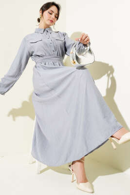 Bel Lastikli Kuşaklı Cep Kapaklı Elbise Gri - Tesettür Elbise