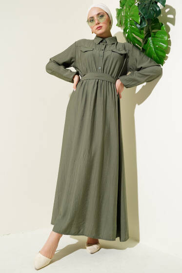 Bel Lastikli Kuşaklı Cep Kapaklı Elbise Haki - Elbise