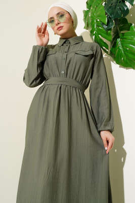 Bel Lastikli Kuşaklı Cep Kapaklı Elbise Haki - Tesettür Elbise