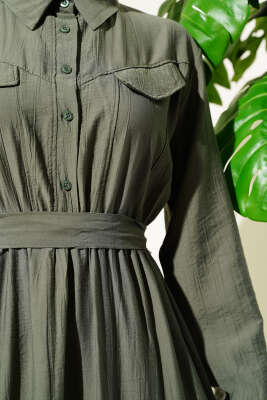 Bel Lastikli Kuşaklı Cep Kapaklı Elbise Haki - Tesettür Elbise