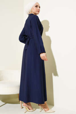 Bel Lastikli Kuşaklı Cep Kapaklı Elbise Lacivert - Tesettür Elbise