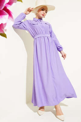 Bel Lastikli Kuşaklı Cep Kapaklı Elbise Lila 