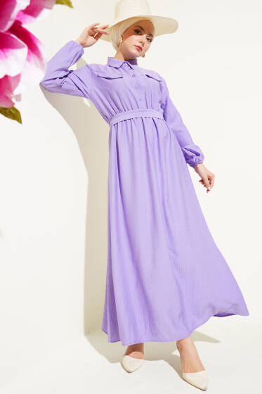 Bel Lastikli Kuşaklı Cep Kapaklı Elbise Lila - Tesettür Elbise