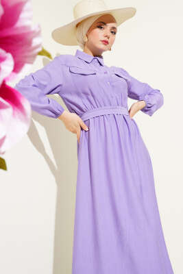 Bel Lastikli Kuşaklı Cep Kapaklı Elbise Lila - Tesettür Elbise