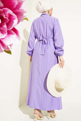 Bel Lastikli Kuşaklı Cep Kapaklı Elbise Lila - Tesettür Elbise