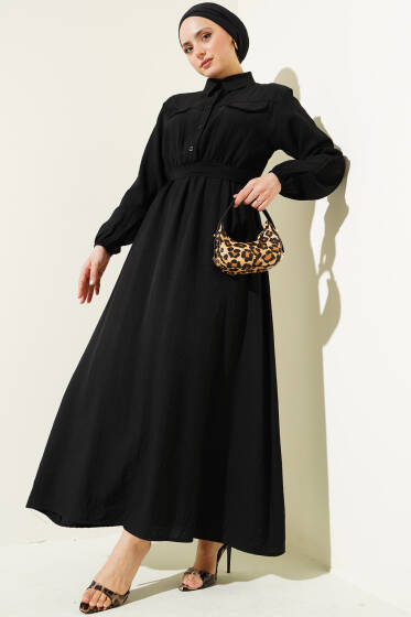 Bel Lastikli Kuşaklı Cep Kapaklı Elbise Siyah - Elbise