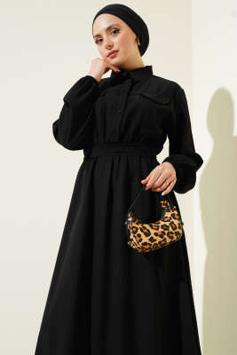 Bel Lastikli Kuşaklı Cep Kapaklı Elbise Siyah - Tesettür Elbise