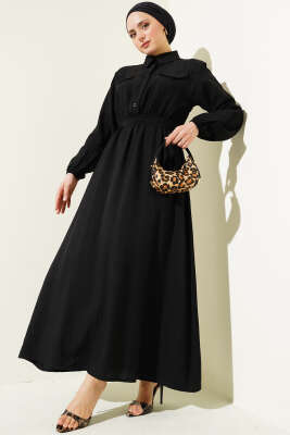 Bel Lastikli Kuşaklı Cep Kapaklı Elbise Siyah 