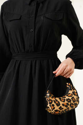 Bel Lastikli Kuşaklı Cep Kapaklı Elbise Siyah - Tesettür Elbise