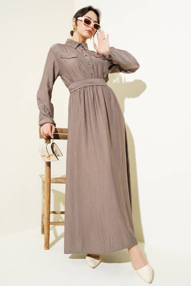 Bel Lastikli Kuşaklı Cep Kapaklı Elbise Vizon - Elbise