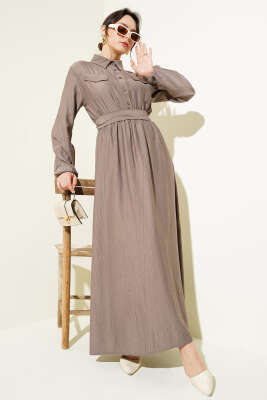 Bel Lastikli Kuşaklı Cep Kapaklı Elbise Vizon 