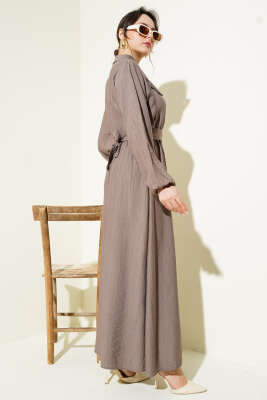 Bel Lastikli Kuşaklı Cep Kapaklı Elbise Vizon - Tesettür Elbise