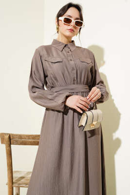 Bel Lastikli Kuşaklı Cep Kapaklı Elbise Vizon - Tesettür Elbise