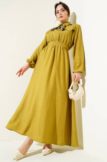 Bel Lastikli Kuşaklı Cep Kapaklı Elbise Yağ Yeşili - Elbise