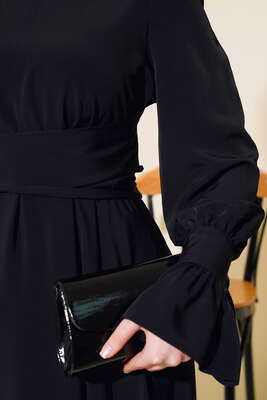 Bel Lastikli Kuşaklı Elbise Siyah - Thumbnail