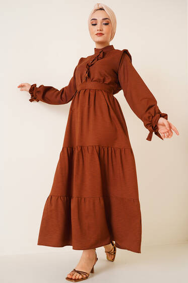 Bel Lastikli Kuşaklı Elbise Kahve - Tesettür Elbise