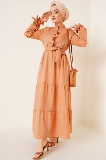 Bel Lastikli Kuşaklı Elbise Latte - Tesettür Elbise