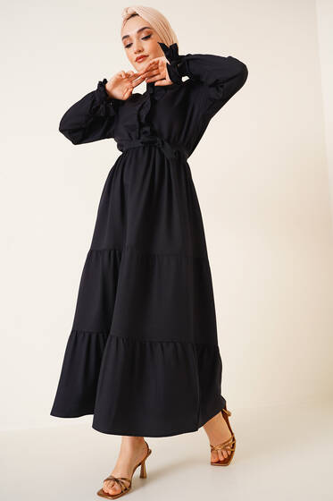 Bel Lastikli Kuşaklı Elbise Siyah - Tesettür Elbise