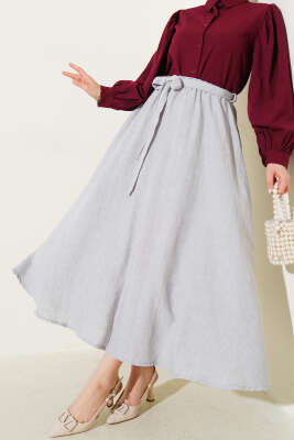 Bel Lastikli Kuşaklı Etek Gri 