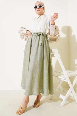 Bel Lastikli Kuşaklı Etek Haki - Uzun Etek